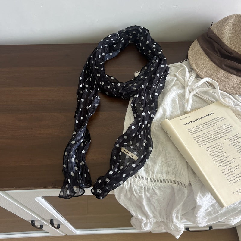 Retro Polka Dots Twilly Scarf For Women In White Polyester, Perfect For Spring