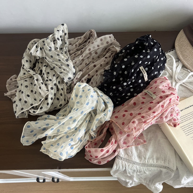 Retro Polka Dots Twilly Scarf For Women In White Polyester, Perfect For Spring