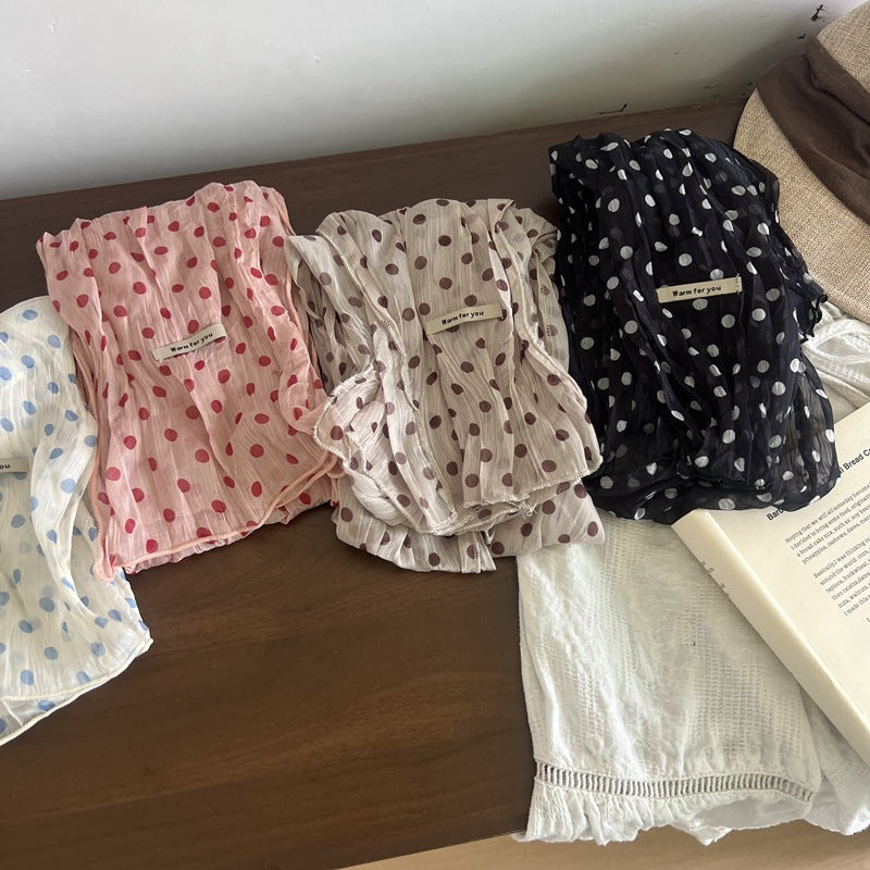 Retro Polka Dots Twilly Scarf For Women In White Polyester, Perfect For Spring