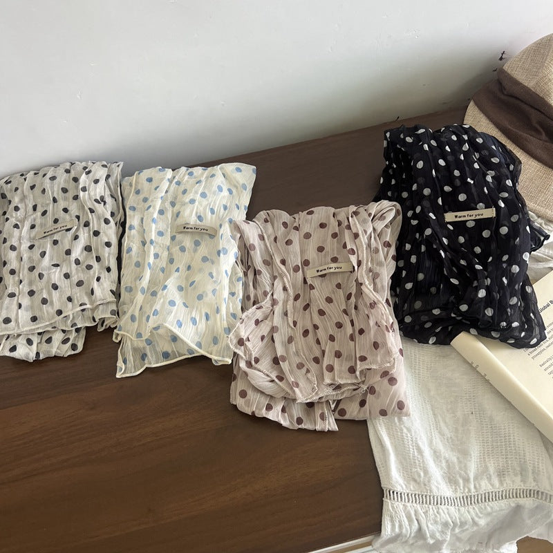 Retro Polka Dots Twilly Scarf For Women In White Polyester, Perfect For Spring