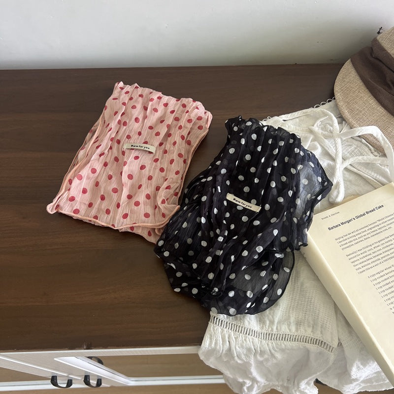 Retro Polka Dots Twilly Scarf For Women In White Polyester, Perfect For Spring
