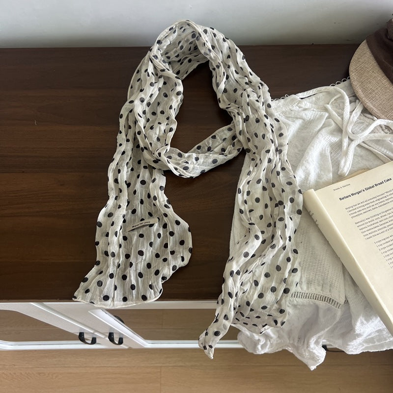 Retro Polka Dots Twilly Scarf For Women In White Polyester, Perfect For Spring