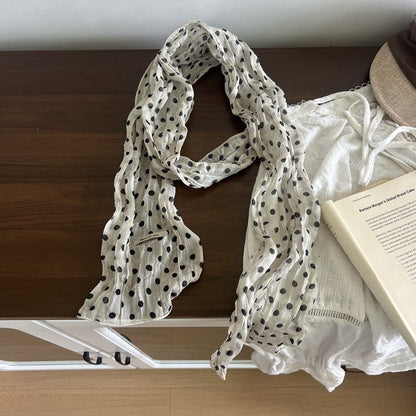 Retro Polka Dots Twilly Scarf For Women In White Polyester, Perfect For Spring