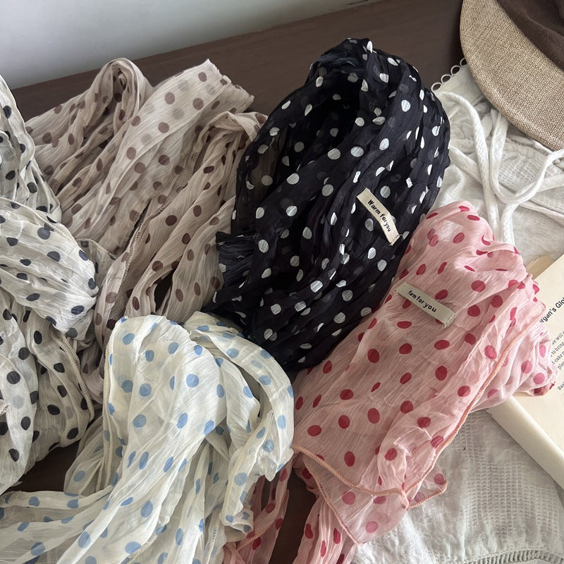 Retro Polka Dots Twilly Scarf For Women In White Polyester, Perfect For Spring