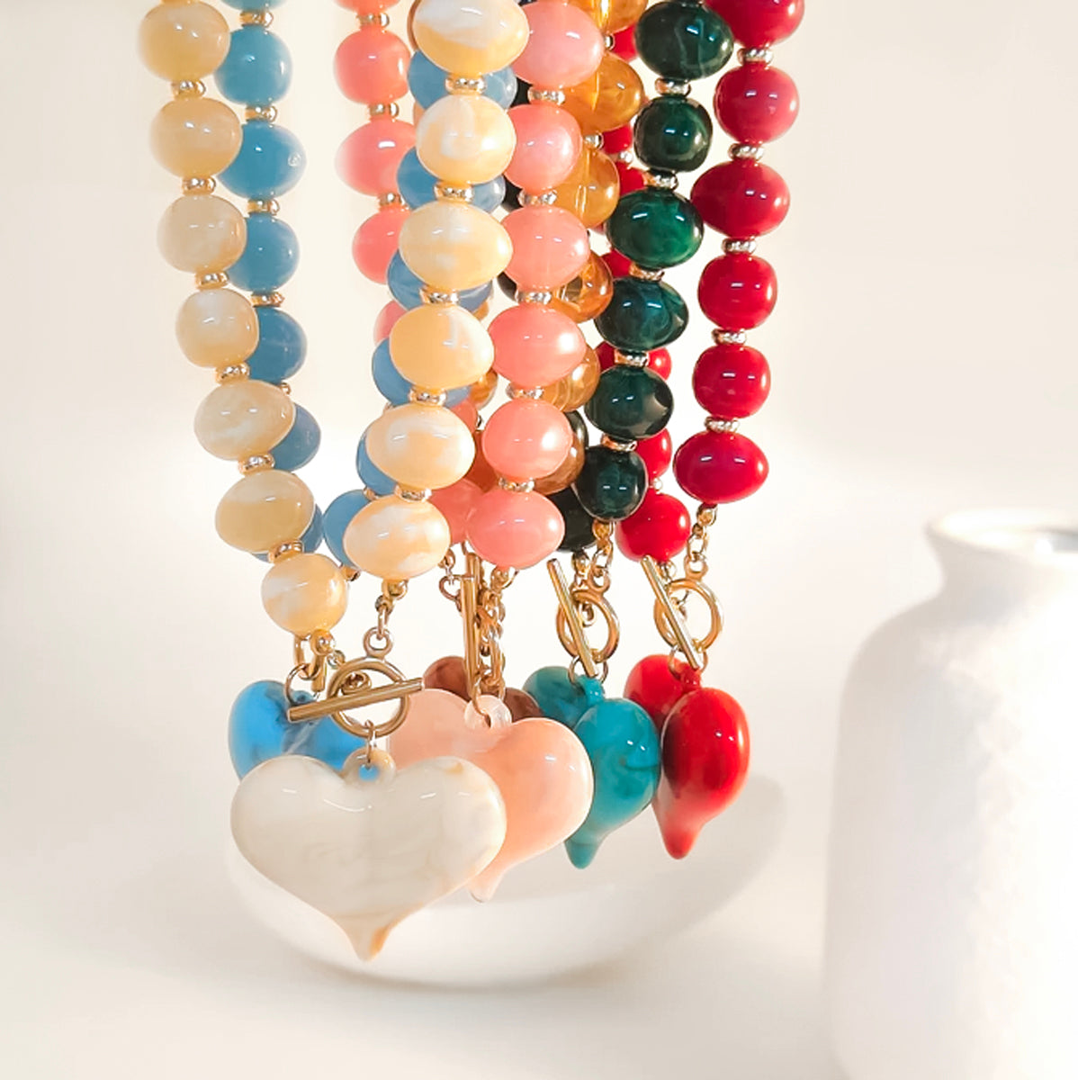 Heart Shape Beaded Chain Necklace For Women In Multicolor Acrylic Featuring Simple Style Beading