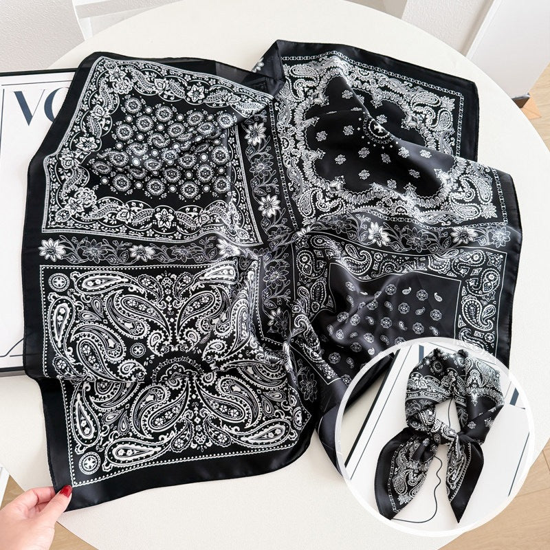 Sweet Style Women's Satin Silk Scarf Featuring Cashew Nuts Pattern In Black & White For Winter