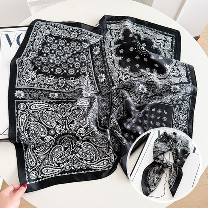 Sweet Style Women's Satin Silk Scarf Featuring Cashew Nuts Pattern In Black & White For Winter