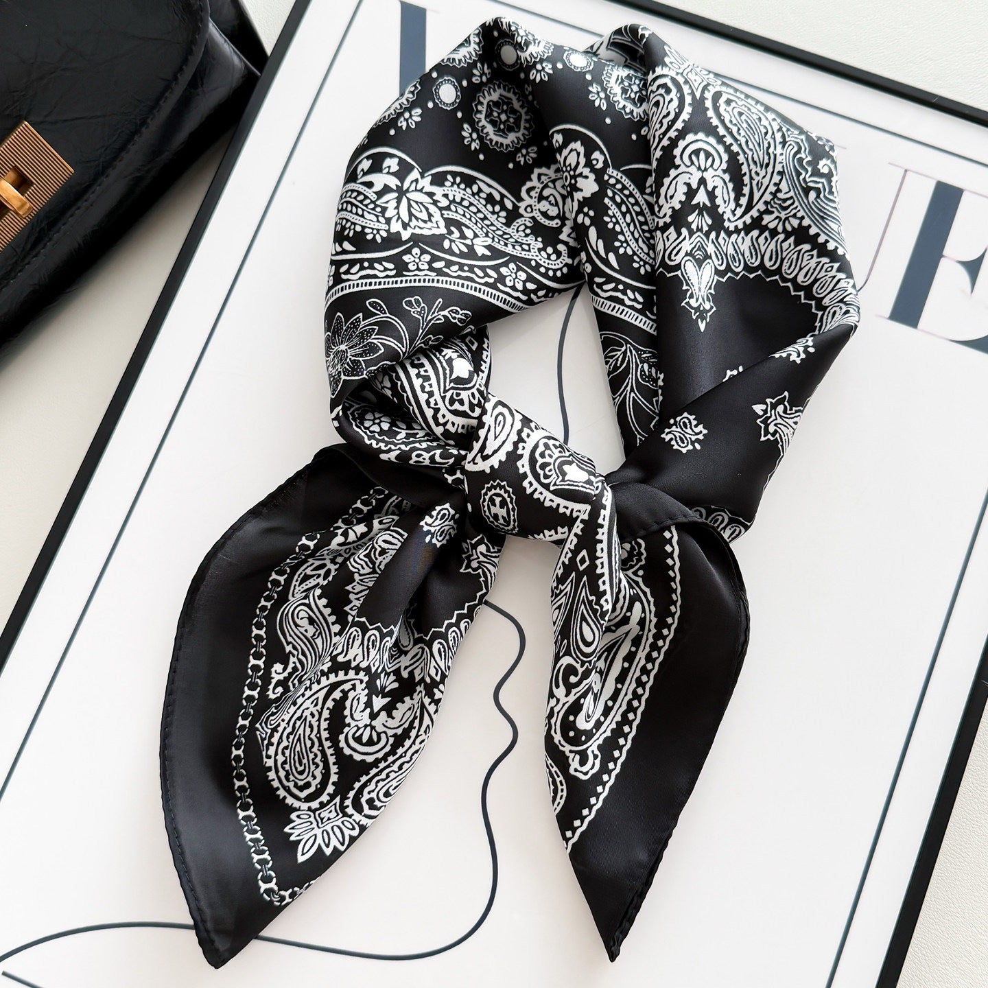 Sweet Style Women's Satin Silk Scarf Featuring Cashew Nuts Pattern In Black & White For Winter