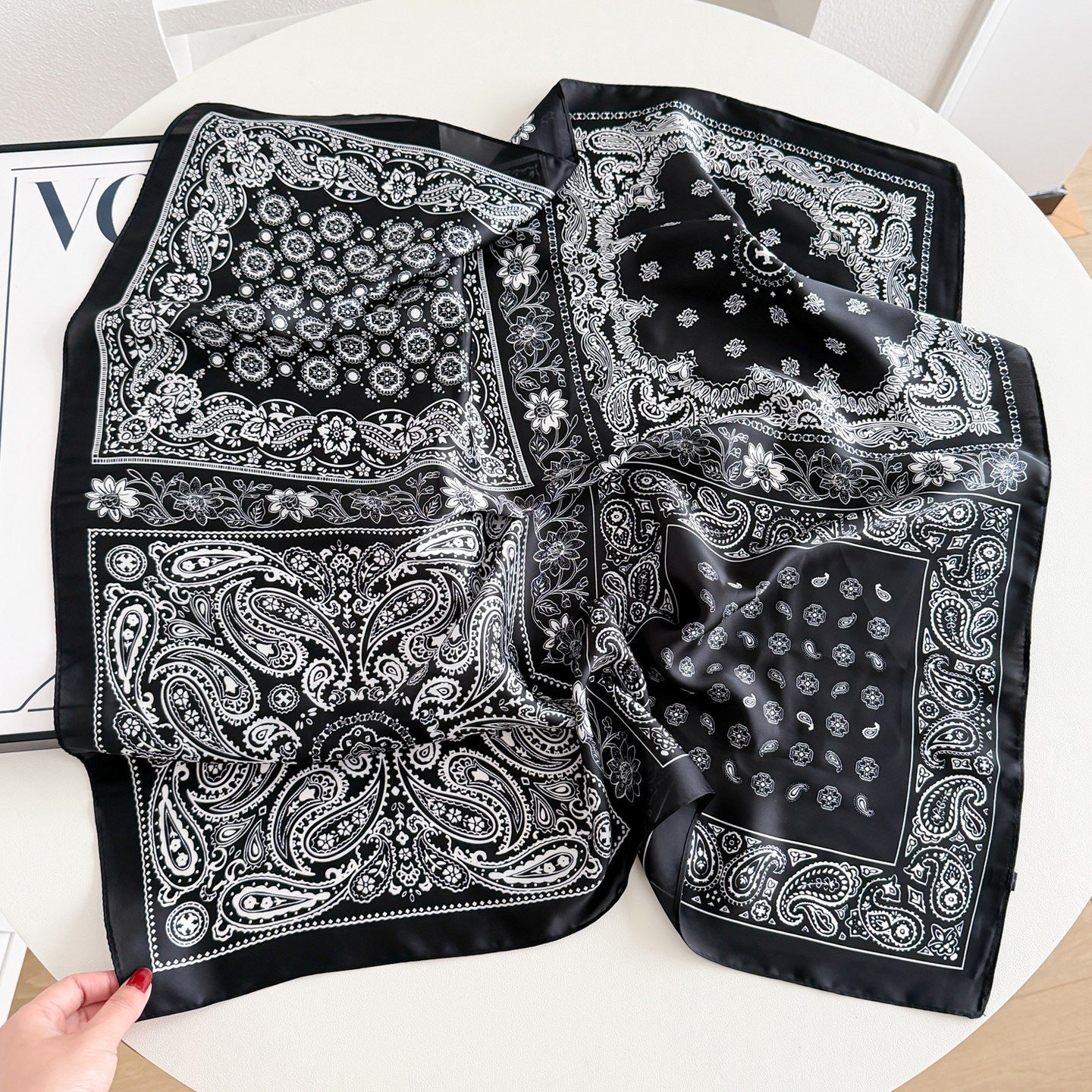 Sweet Style Women's Satin Silk Scarf Featuring Cashew Nuts Pattern In Black & White For Winter