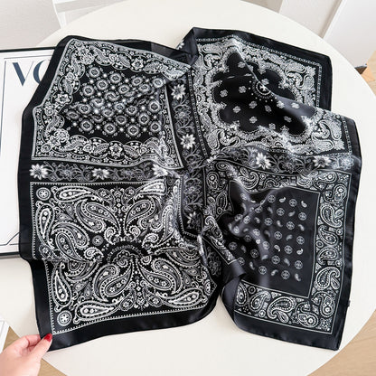 Sweet Style Women's Satin Silk Scarf Featuring Cashew Nuts Pattern In Black & White For Winter