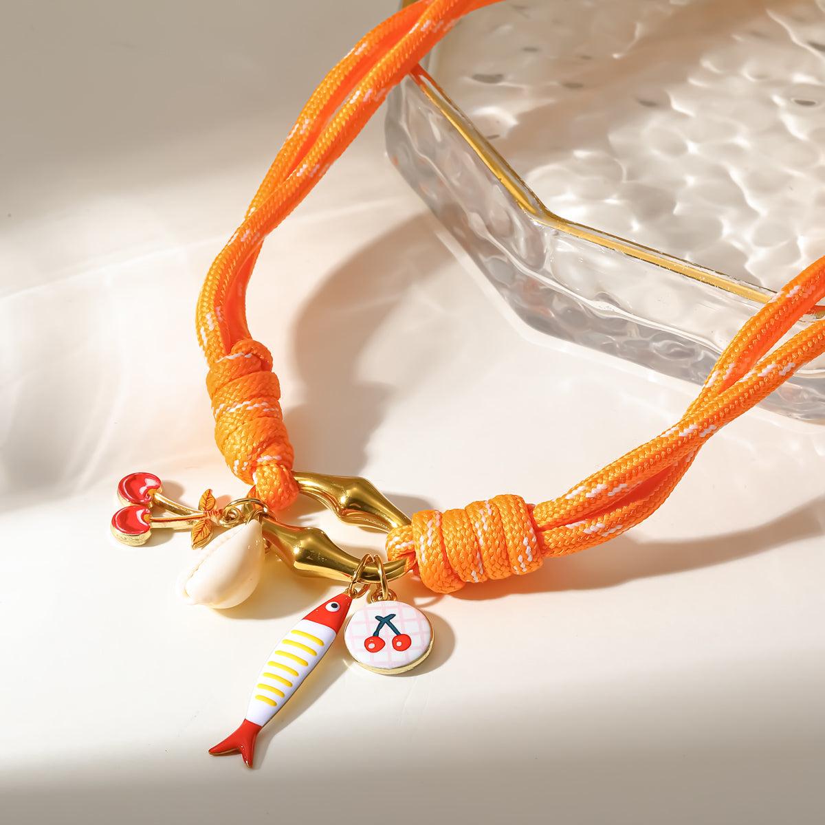 Cherry Electroplated Pendant Necklace Marine Style 18K Gold Plated 304 Stainless Steel Twisted Rope Chain PVD Coating