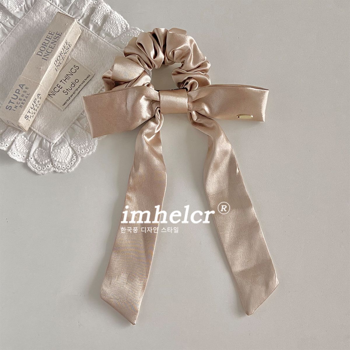 French Style Bow Tie Satin Scrunchie Hair Accessory In Champagne, Perfect For Summer