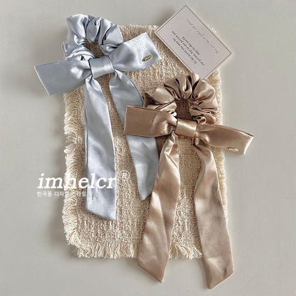 French Style Bow Tie Satin Scrunchie Hair Accessory In Champagne, Perfect For Summer