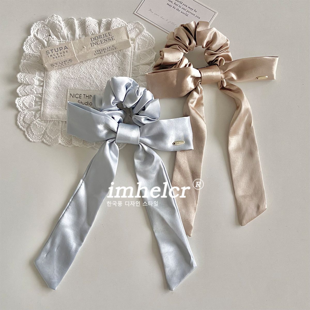 French Style Bow Tie Satin Scrunchie Hair Accessory In Champagne, Perfect For Summer