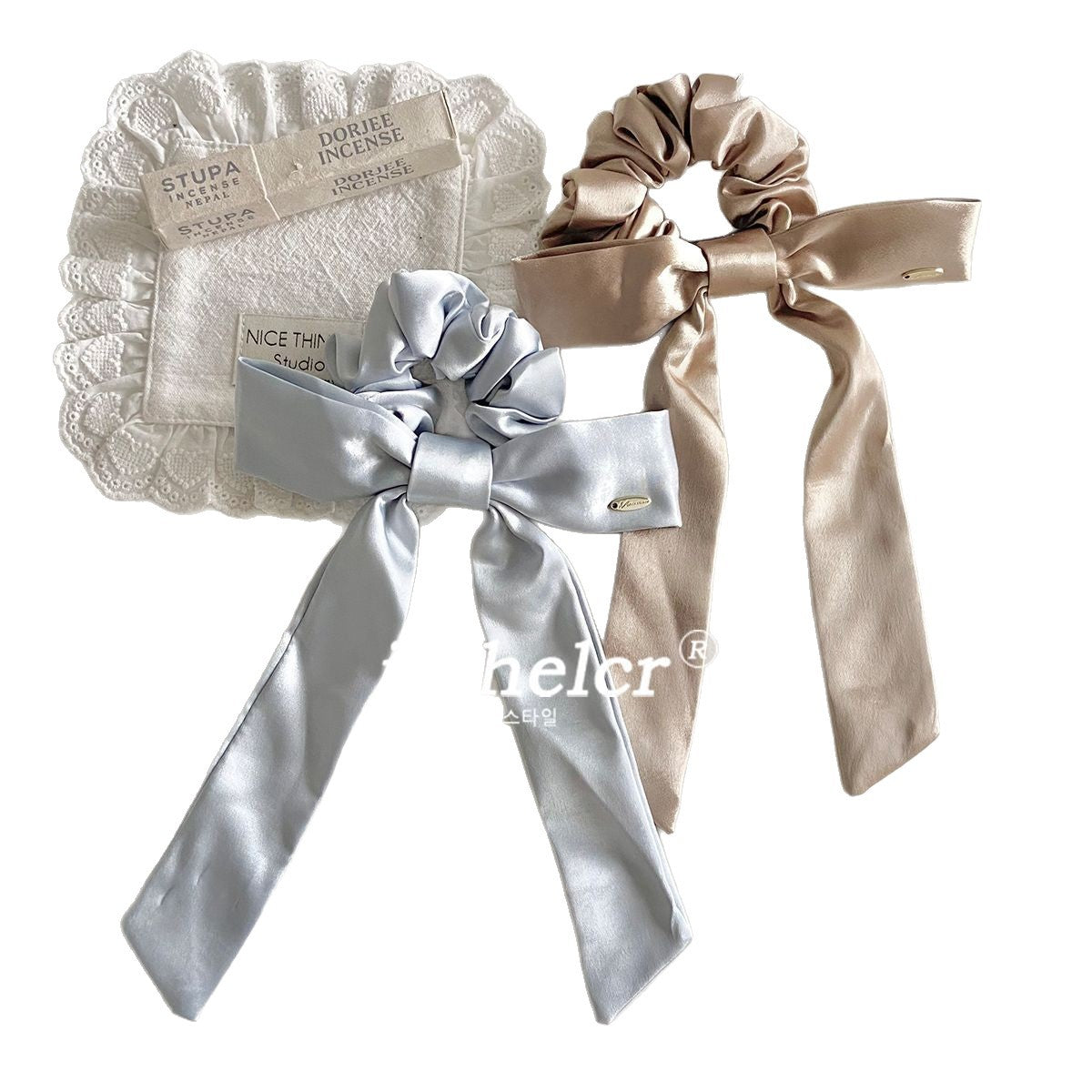 French Style Bow Tie Satin Scrunchie Hair Accessory In Champagne, Perfect For Summer