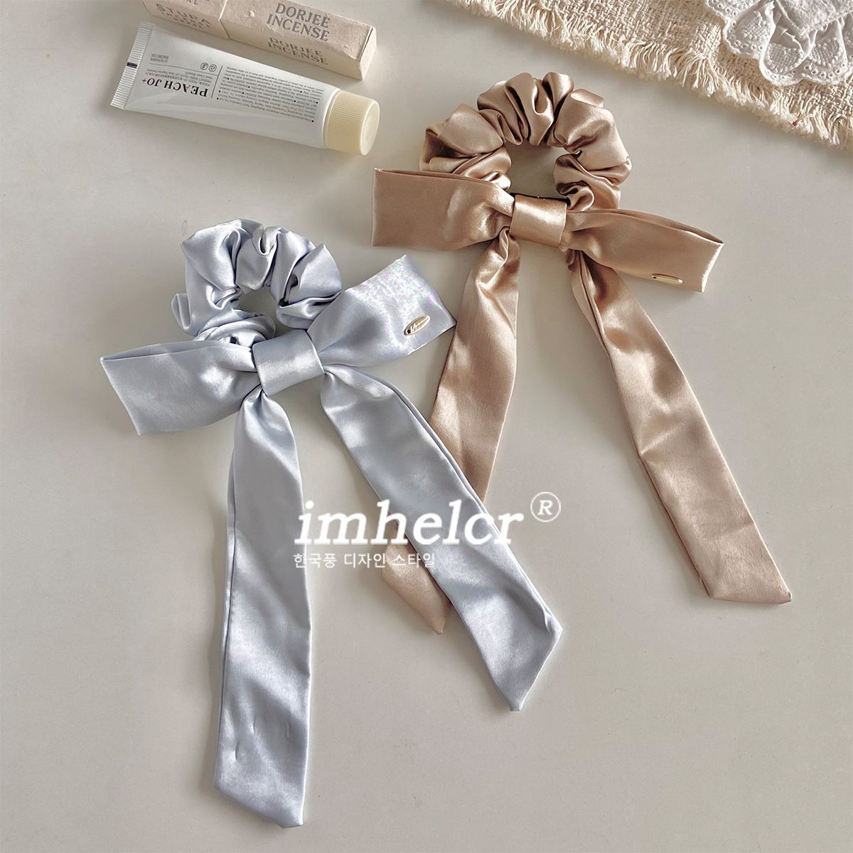 French Style Bow Tie Satin Scrunchie Hair Accessory In Champagne, Perfect For Summer