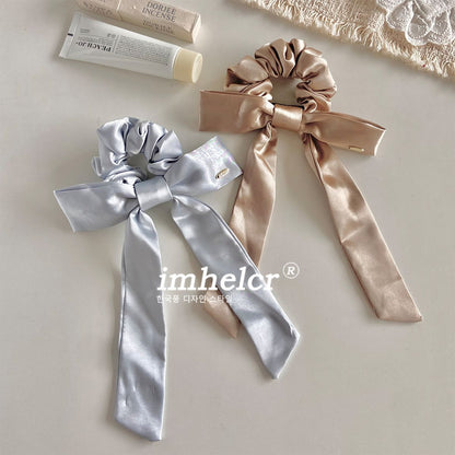 French Style Bow Tie Satin Scrunchie Hair Accessory In Champagne, Perfect For Summer