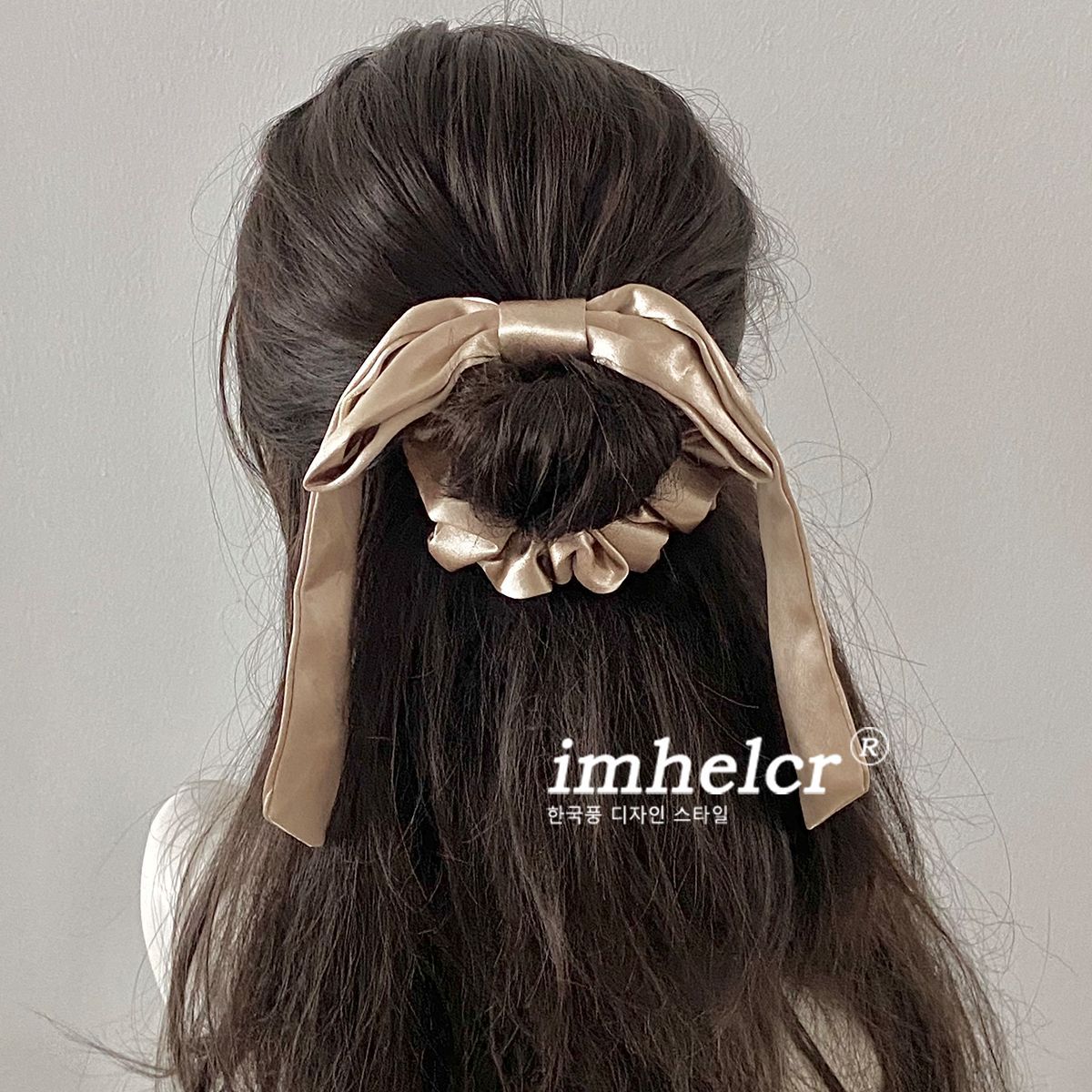 French Style Bow Tie Satin Scrunchie Hair Accessory In Champagne, Perfect For Summer