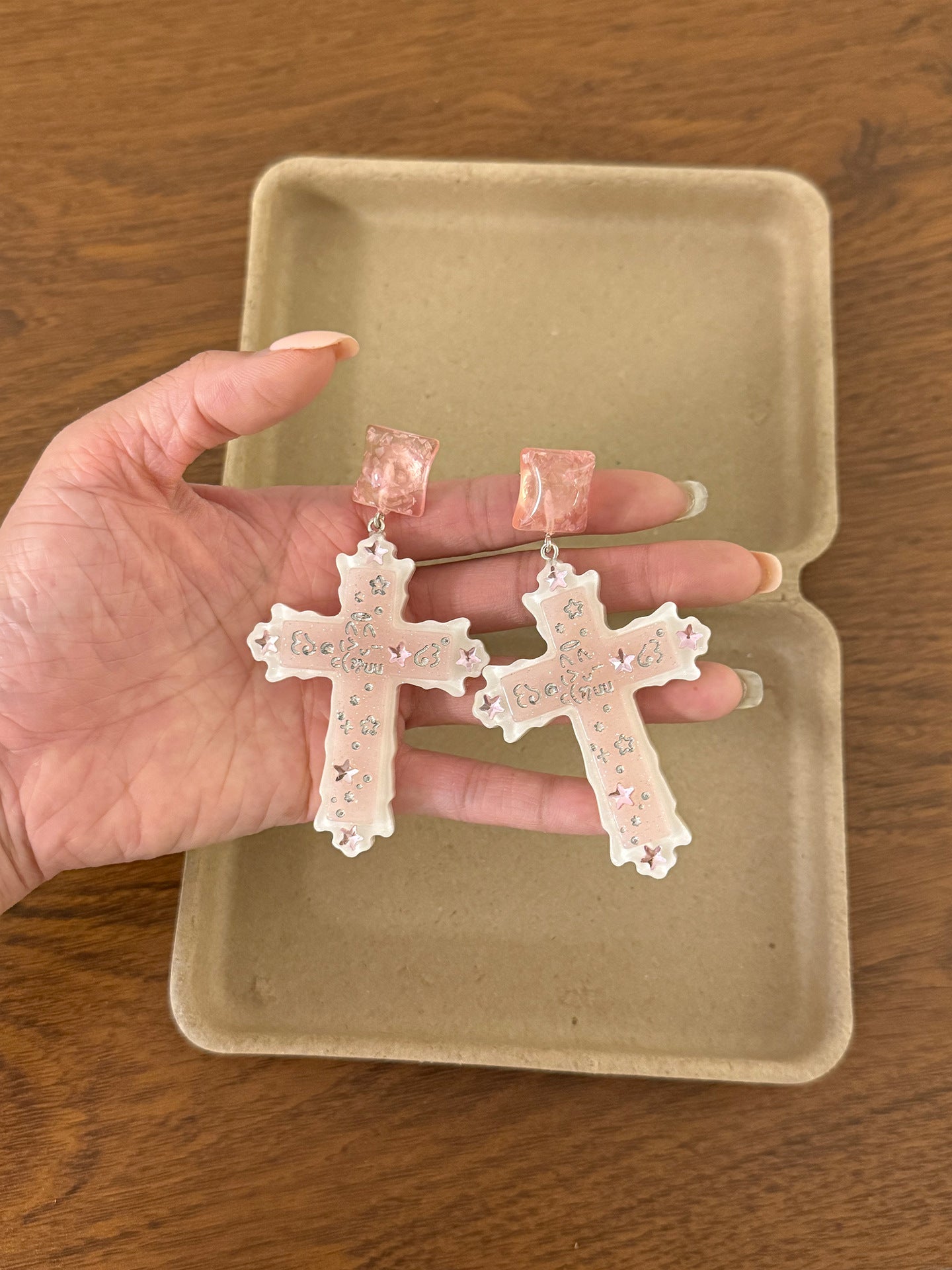 Retro Cross Earrings In Natural Pink Resin Featuring Zinc Alloy Ear Pins For Comfortable Wear