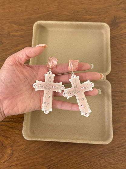 Retro Cross Earrings In Natural Pink Resin Featuring Zinc Alloy Ear Pins For Comfortable Wear