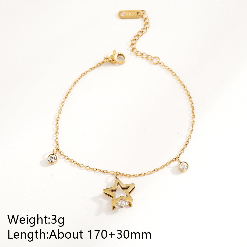 Trillion-cut Multi Charms Unisex Bracelet, 18K Gold PVD Electroplated, 304 Stainless Steel Chain With Rhinestones