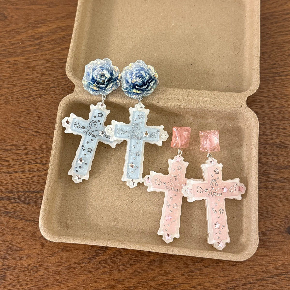 Retro Cross Earrings In Natural Pink Resin Featuring Zinc Alloy Ear Pins For Comfortable Wear