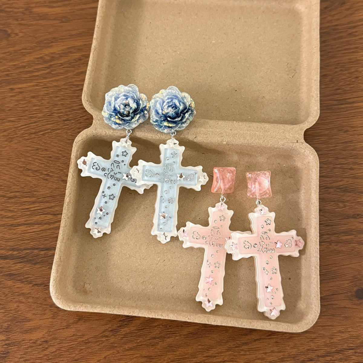 Retro Cross Earrings In Natural Pink Resin Featuring Zinc Alloy Ear Pins For Comfortable Wear
