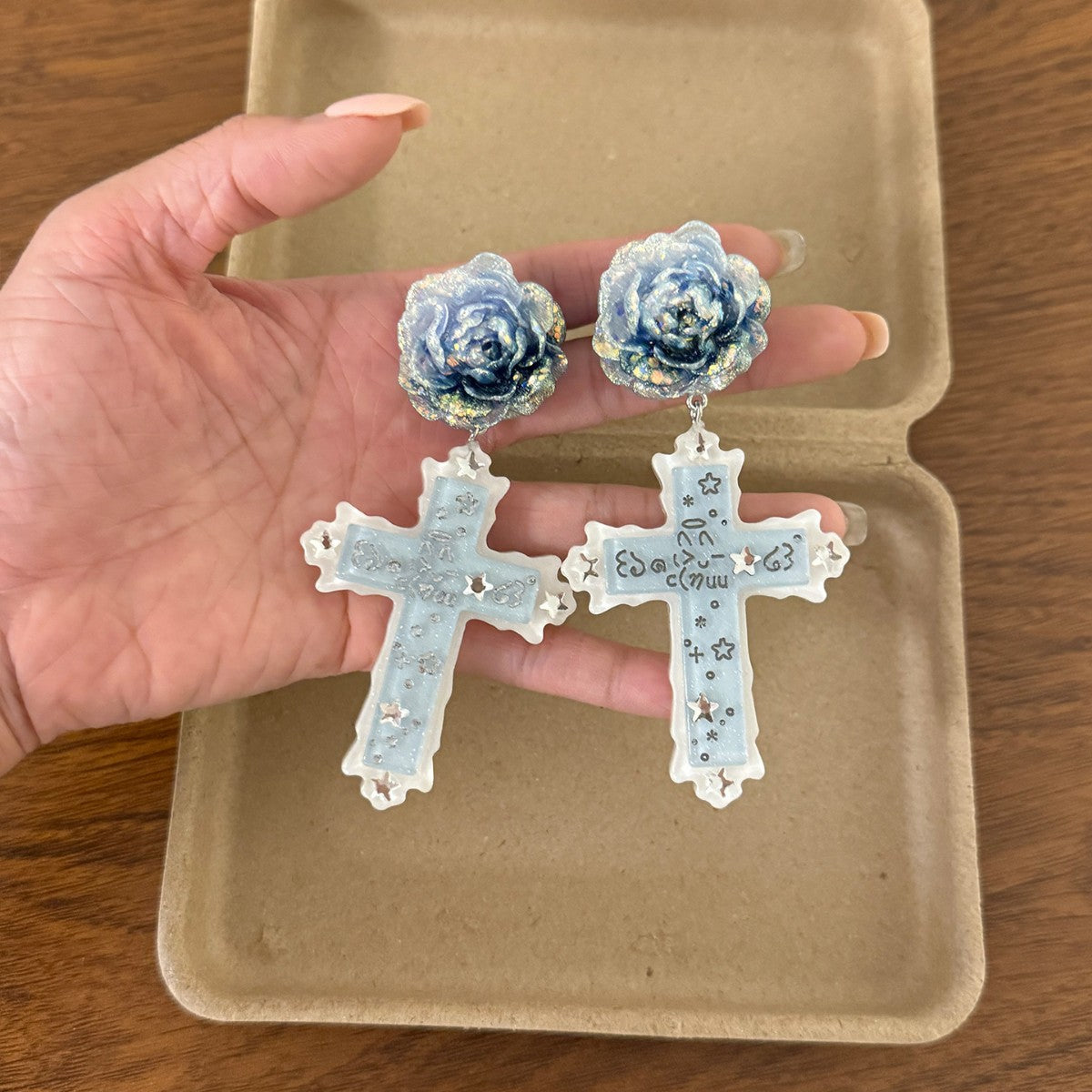 Retro Cross Earrings In Natural Pink Resin Featuring Zinc Alloy Ear Pins For Comfortable Wear