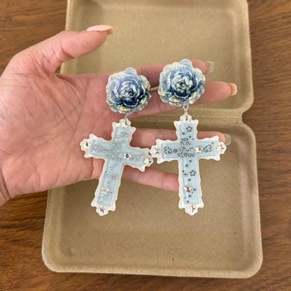 Retro Cross Earrings In Natural Pink Resin Featuring Zinc Alloy Ear Pins For Comfortable Wear
