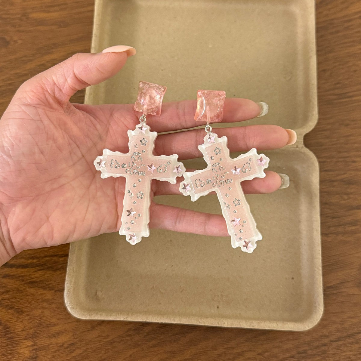 Retro Cross Earrings In Natural Pink Resin Featuring Zinc Alloy Ear Pins For Comfortable Wear