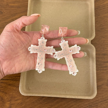 Retro Cross Earrings In Natural Pink Resin Featuring Zinc Alloy Ear Pins For Comfortable Wear
