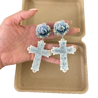 Retro Cross Earrings In Natural Pink Resin Featuring Zinc Alloy Ear Pins For Comfortable Wear