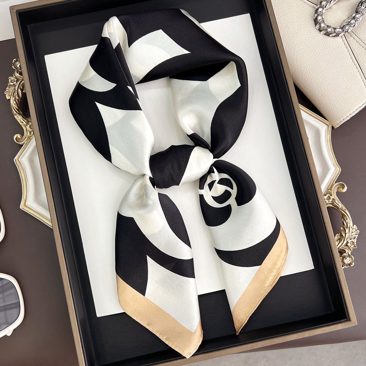 French Style Silk Scarf For Women Featuring Elegant Black & White Flowers, Perfect For Summer