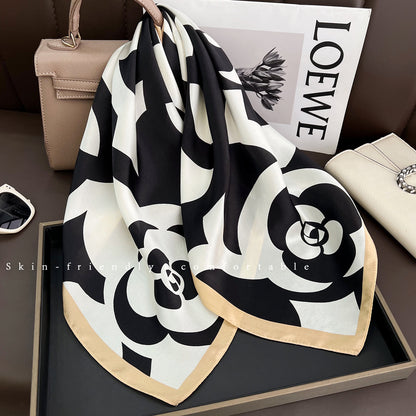 French Style Silk Scarf For Women Featuring Elegant Black & White Flowers, Perfect For Summer