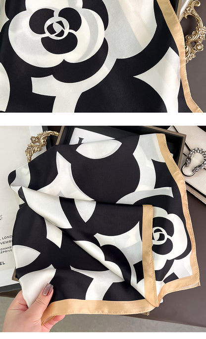 French Style Silk Scarf For Women Featuring Elegant Black & White Flowers, Perfect For Summer
