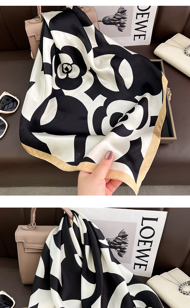 French Style Silk Scarf For Women Featuring Elegant Black & White Flowers, Perfect For Summer
