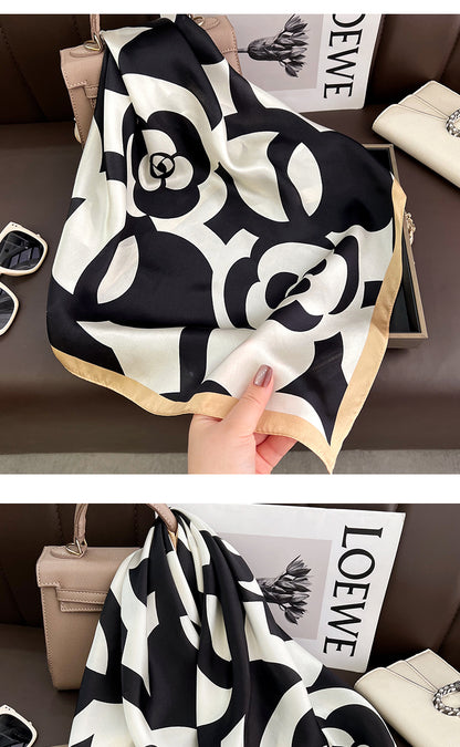French Style Silk Scarf For Women Featuring Elegant Black & White Flowers, Perfect For Summer
