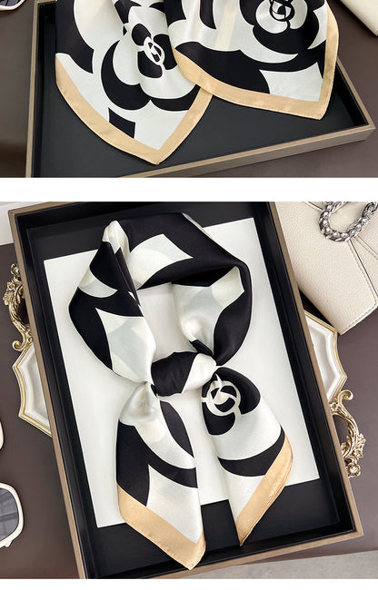 French Style Silk Scarf For Women Featuring Elegant Black & White Flowers, Perfect For Summer