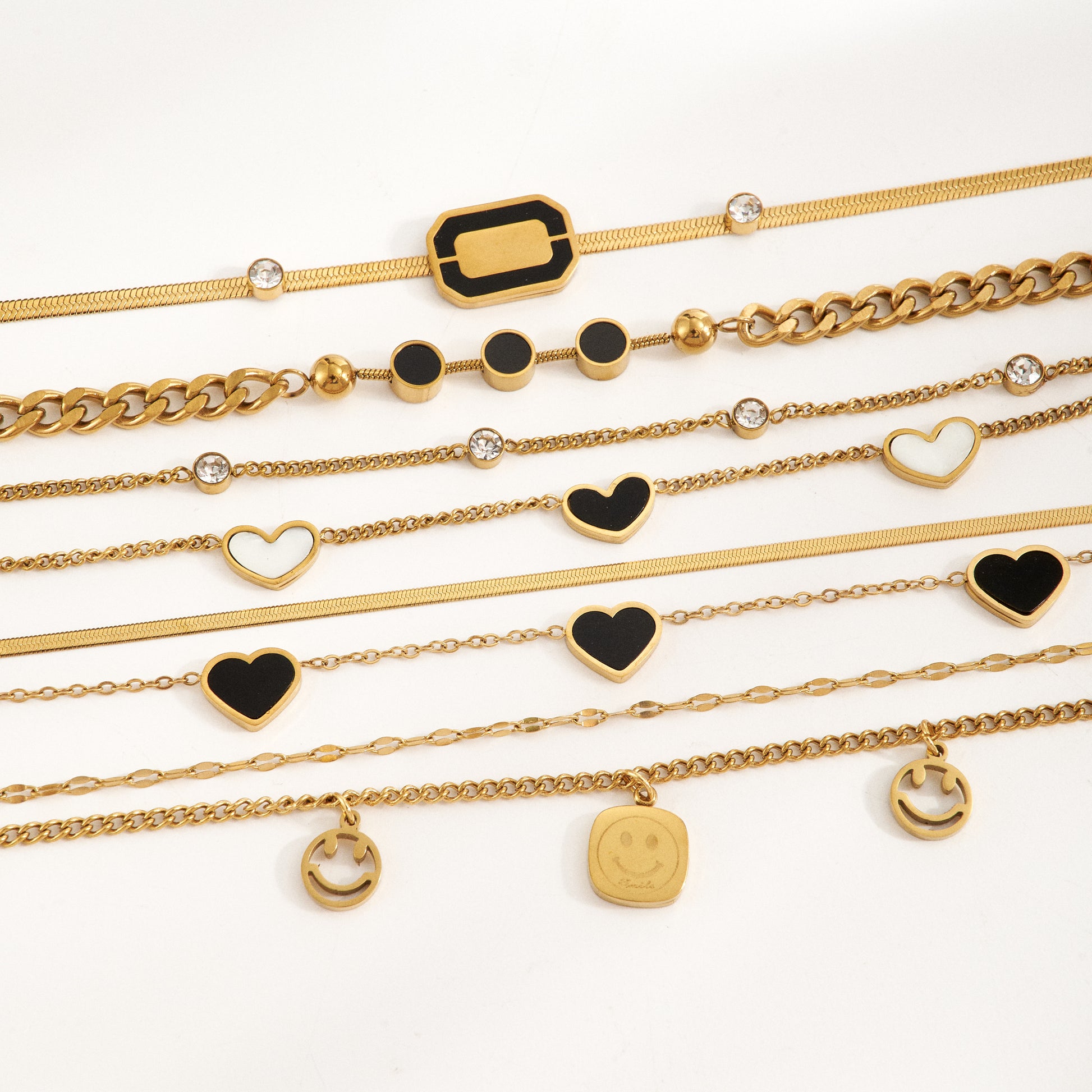 Unisex Round Multi Charms Bracelet With Handmade Chain, Electroplated 304 Stainless Steel, 18K Gold Plated With Rhinestones