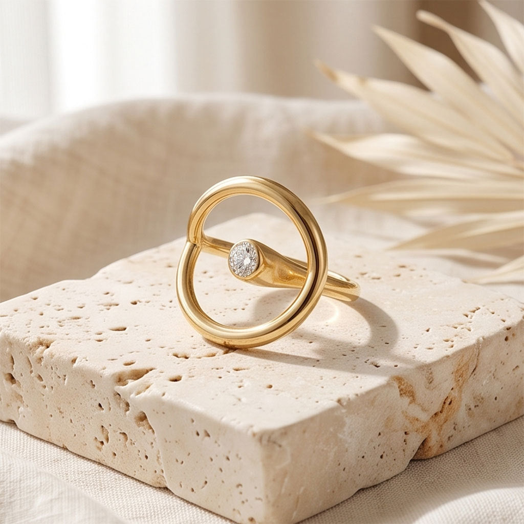 Unisex Waterproof Non Tarnish Ring In 304 Stainless Steel With 18K Real Gold Plated PVD Coating And Zircon Inlay