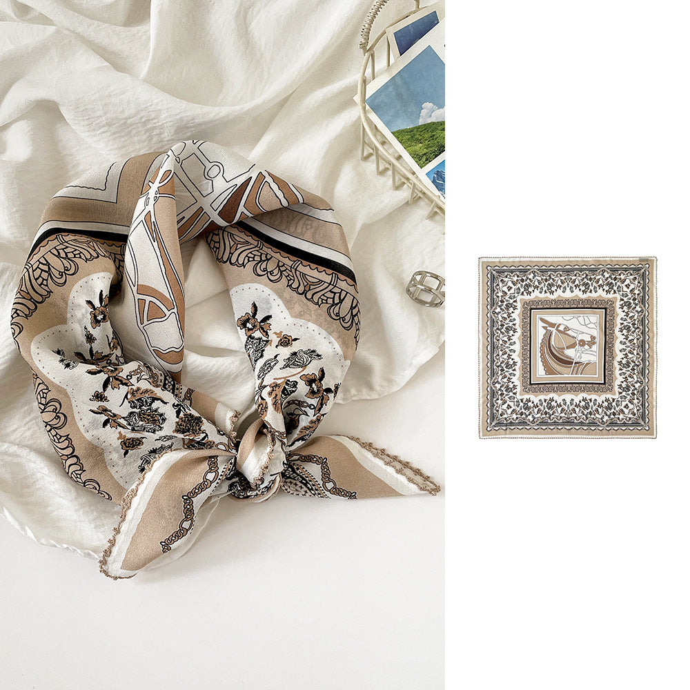 Women’s Commute Silk Scarf Featuring Elegant Horse Pattern, Perfect For Summer