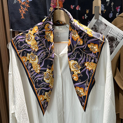 Silk Bandana With Flowers Pattern In Purple, Perfect For Summer