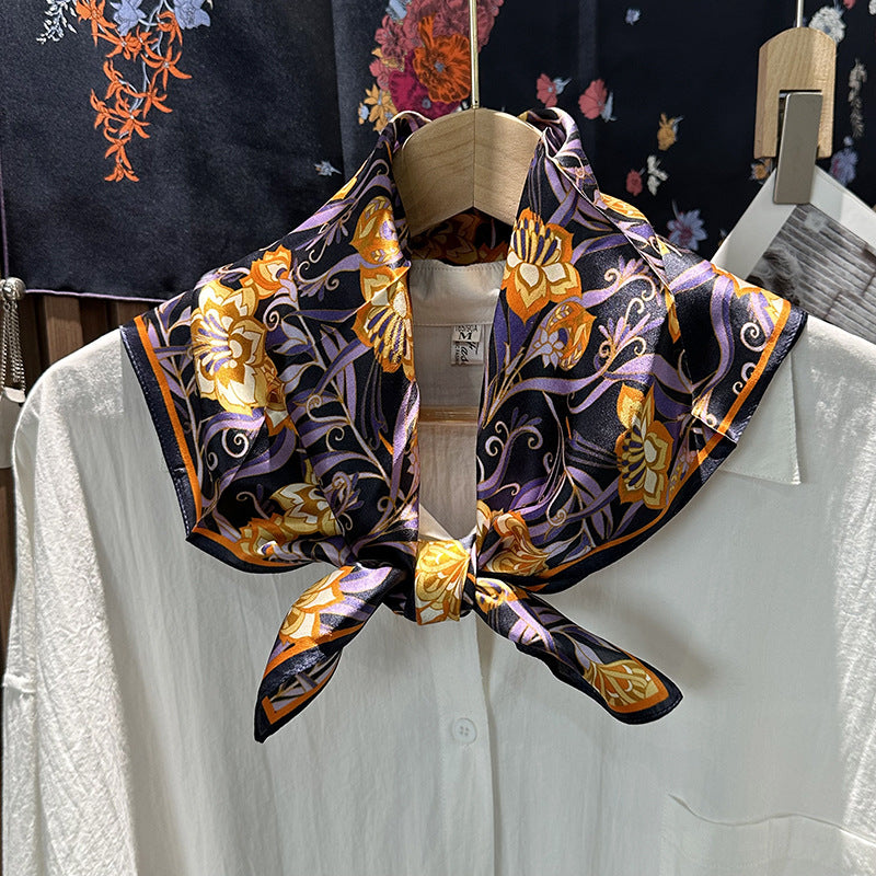 Silk Bandana With Flowers Pattern In Purple, Perfect For Summer