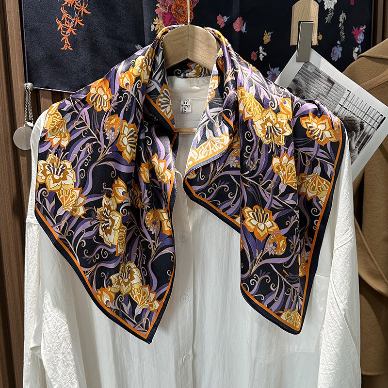 Silk Bandana With Flowers Pattern In Purple, Perfect For Summer