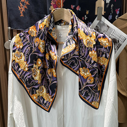 Silk Bandana With Flowers Pattern In Purple, Perfect For Summer
