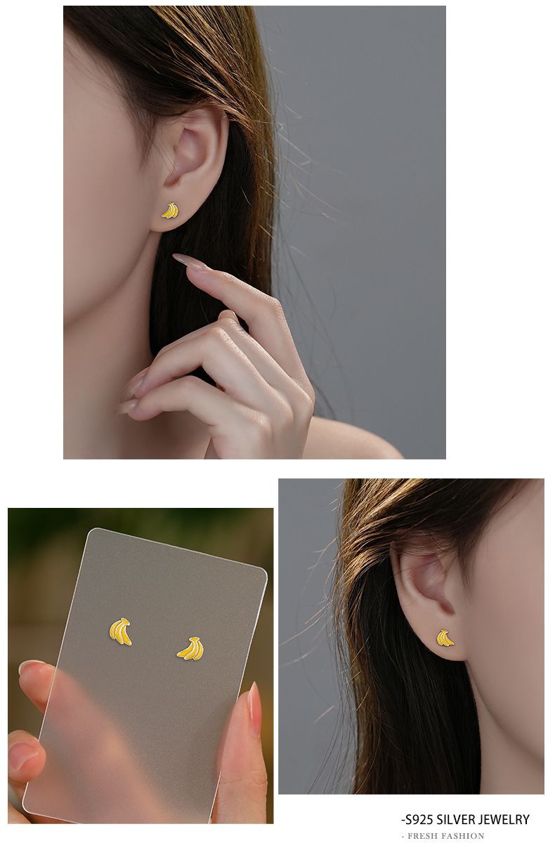 Cute Banana Stud Earrings For Women In Gold Featuring 925 Sterling Silver With Epoxy Craft