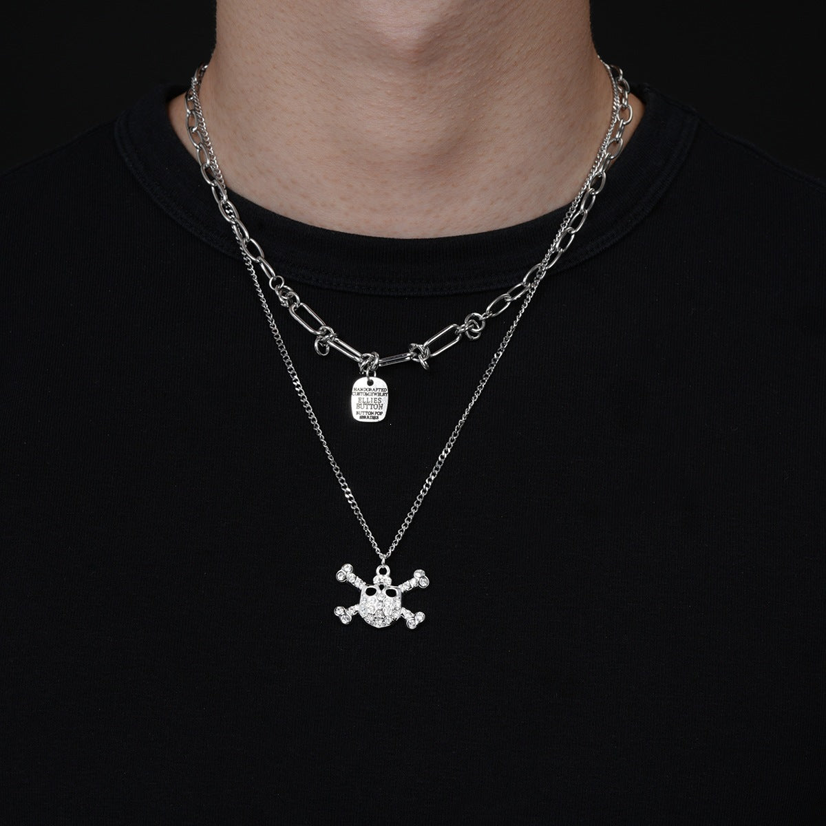 Men's Double Layer Skull Necklace In 304 Stainless Steel With Electroplated Finish And Alloy Pendant For Daily Wear