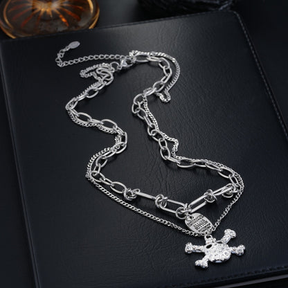 Men's Double Layer Skull Necklace In 304 Stainless Steel With Electroplated Finish And Alloy Pendant For Daily Wear