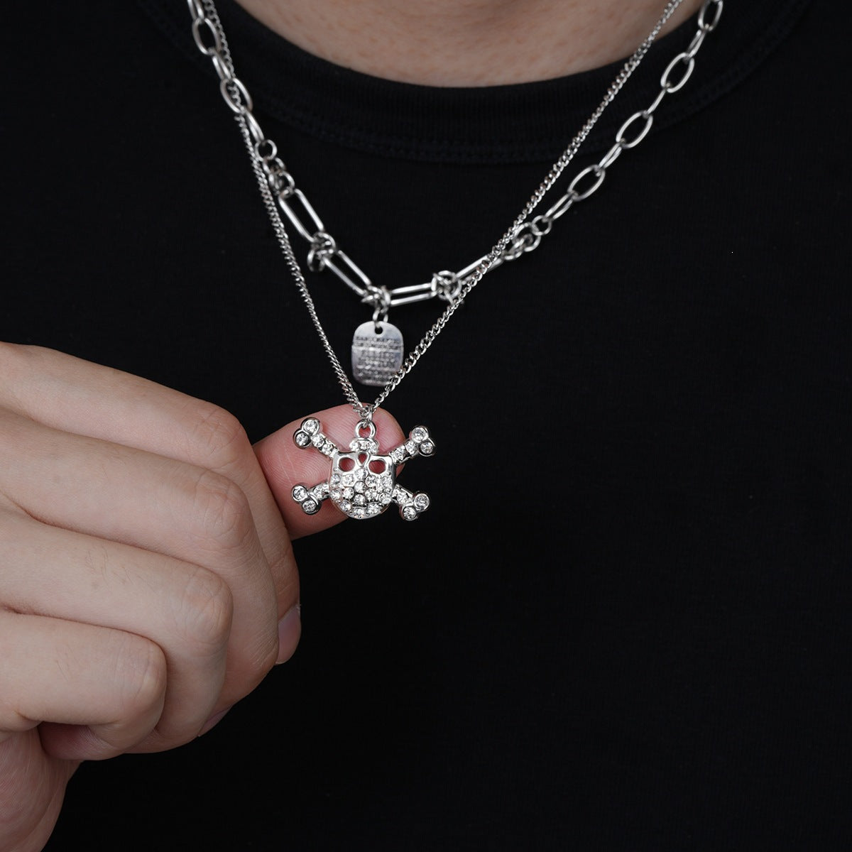 Men's Double Layer Skull Necklace In 304 Stainless Steel With Electroplated Finish And Alloy Pendant For Daily Wear