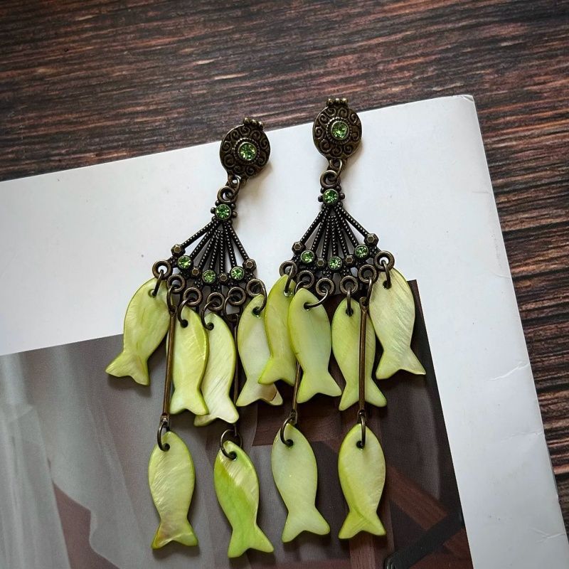 Natural Pink Tassel Fish Drop Earrings For Women With 304 Stainless Steel Studs, Alloy Craft